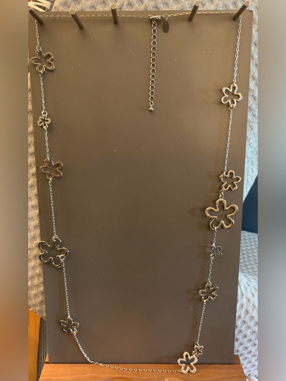 Long Silver Floral Link Necklace - Delicate Flower Chain